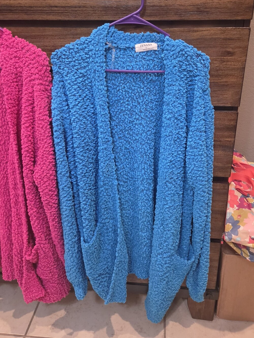 Zenana Outfitters Blue Popcorn Open-Front Cardigan Size Large